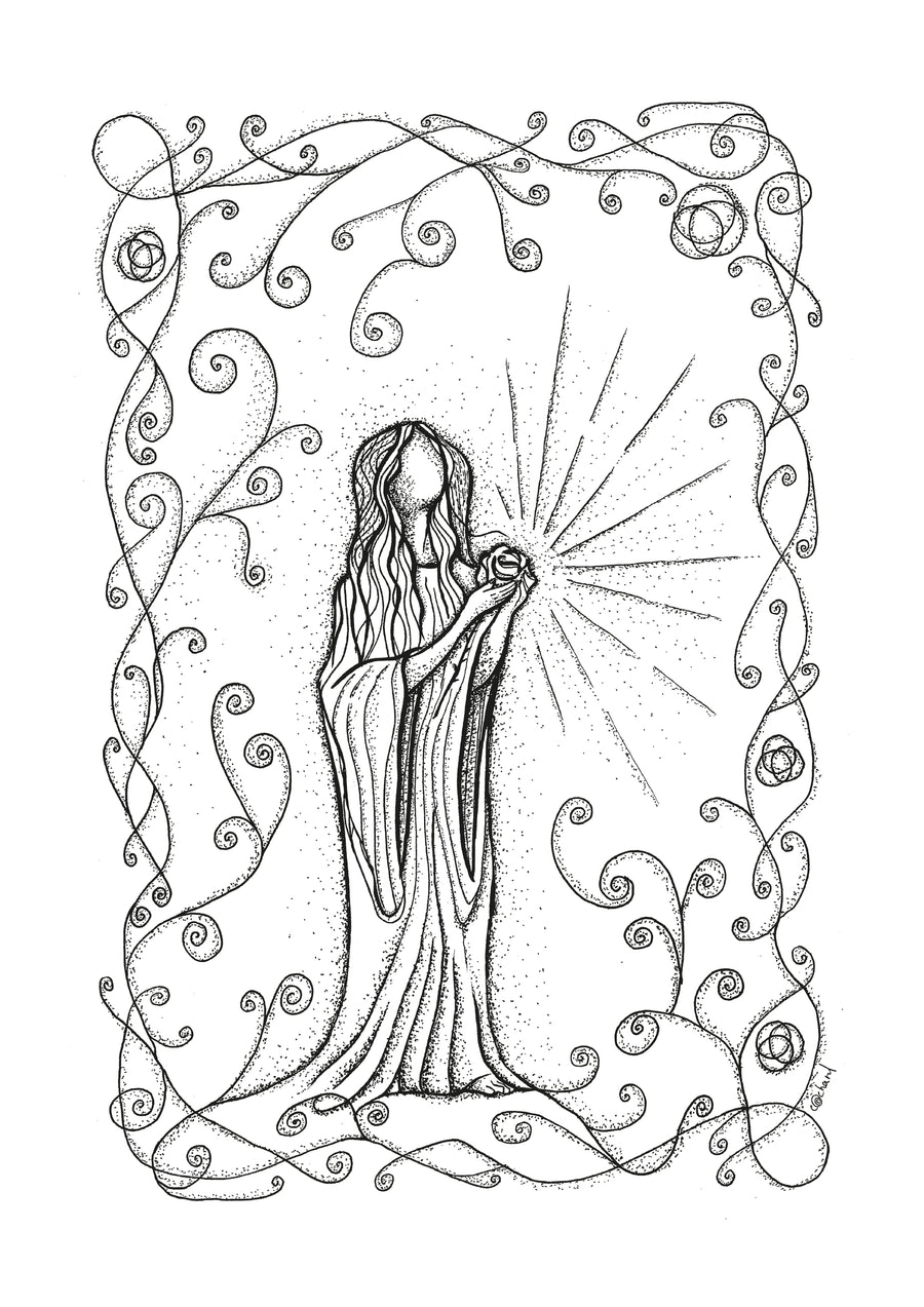 Reproduction “Au cœur de la rose, JE SUIS”, illustration A4 enluminée d'or à la main signée et numérotée