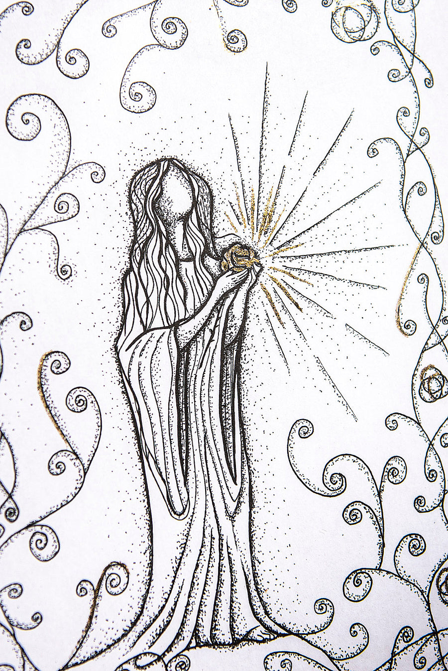 Reproduction “Au cœur de la rose, JE SUIS”, illustration A4 enluminée d'or à la main signée et numérotée