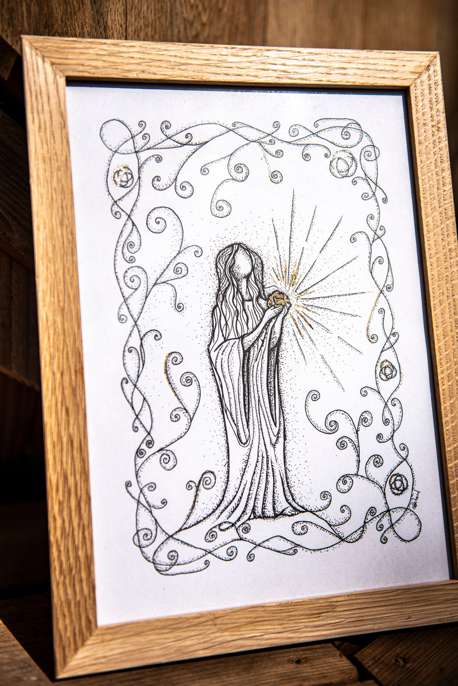 Reproduction “Au cœur de la rose, JE SUIS”, illustration A4 enluminée d'or à la main signée et numérotée